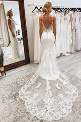 Elegant Backless White Mermaid Lace Beach Wedding Dress with Button Accents