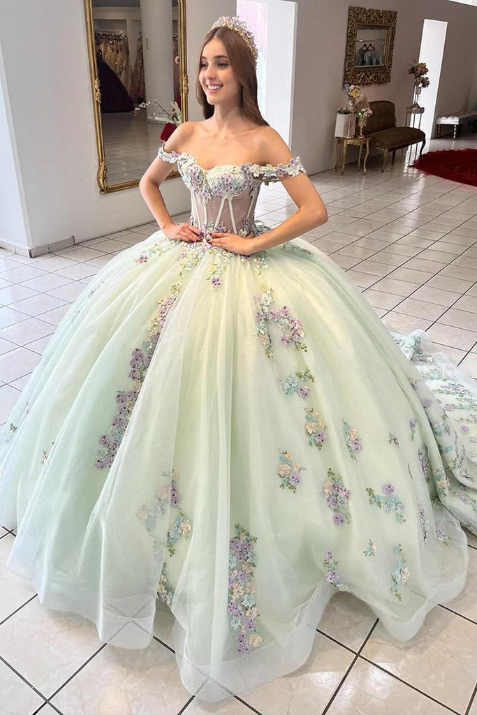 Dreamyannie UK Elegant Ball Gown Off Shoulder Corset 3D Flowers Lace Appliques Mint Green Tulle Princess Dress Quinceanera Dress For Sweet 16 Dreamyannie UK Elegant Ball Gown Off Shoulder Corset 3D Flowers Lace Appliques Mint Green Tulle Princess Dress Quinceanera Dress For Sweet 16