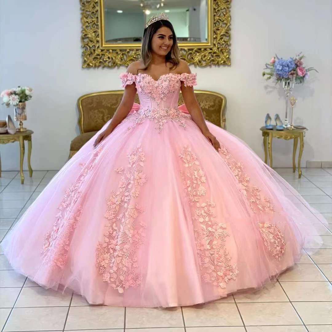 Dreamyannie UK Elegant Ball Gown Off Shoulder Lace Appliques Beaded Pink Tulle Quinceanera Dress For Sweet 16 Dreamyannie UK Elegant Ball Gown Off Shoulder Lace Appliques Beaded Pink Tulle Quinceanera Dress For Sweet 16