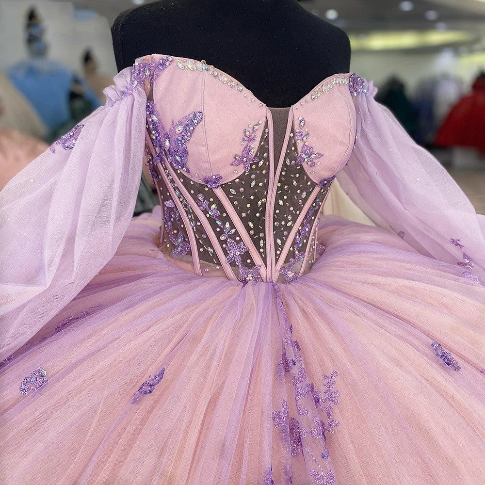Elegant Ball Gown Off Shoulder Long Lantern Sleeves 3D Butterfly Appliques Beaded Pink Tulle Princess Gown Quinceanera Dress For Sweet 16