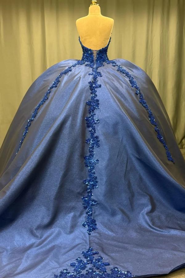Elegant Ball Gown Strapless Sleeveless Sequins Appliques Pleated Glitter Dark Navy Satin Quinceanera Dress Formal Evening Dress For Sweet 16