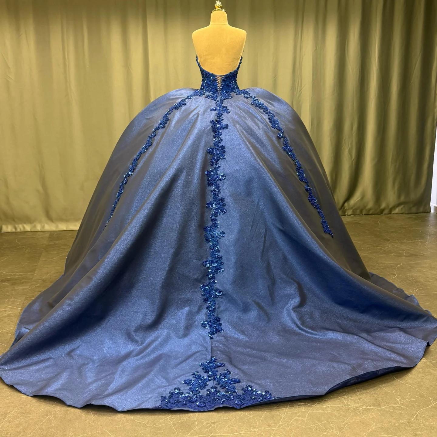 Elegant Ball Gown Strapless Sleeveless Sequins Appliques Pleated Glitter Dark Navy Satin Quinceanera Dress Formal Evening Dress For Sweet 16