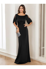 Elegant Black Floor-Length Mother of the Bride Dress with Round Neck and Half Sleeves