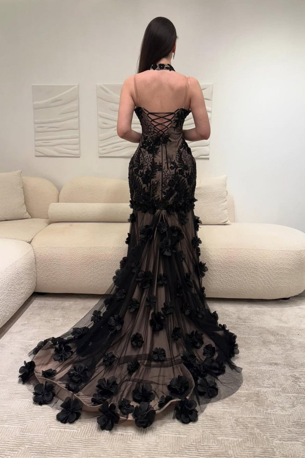 Elegant Black Illusion Floral Halter Mermaid Prom Dress With 3D Appliques Formal Evening Gown
