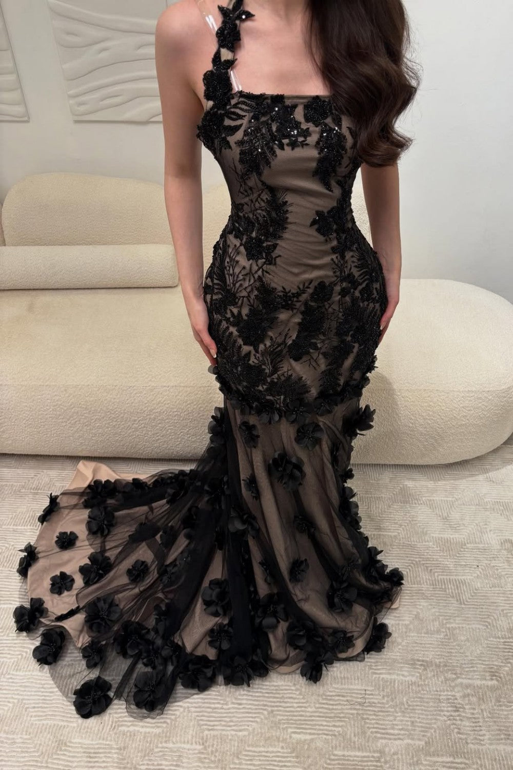 Elegant Black Illusion Floral Halter Mermaid Prom Dress With 3D Appliques Formal Evening Gown