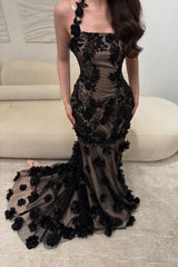 Elegant Black Illusion Floral Halter Mermaid Prom Dress With 3D Appliques Formal Evening Gown