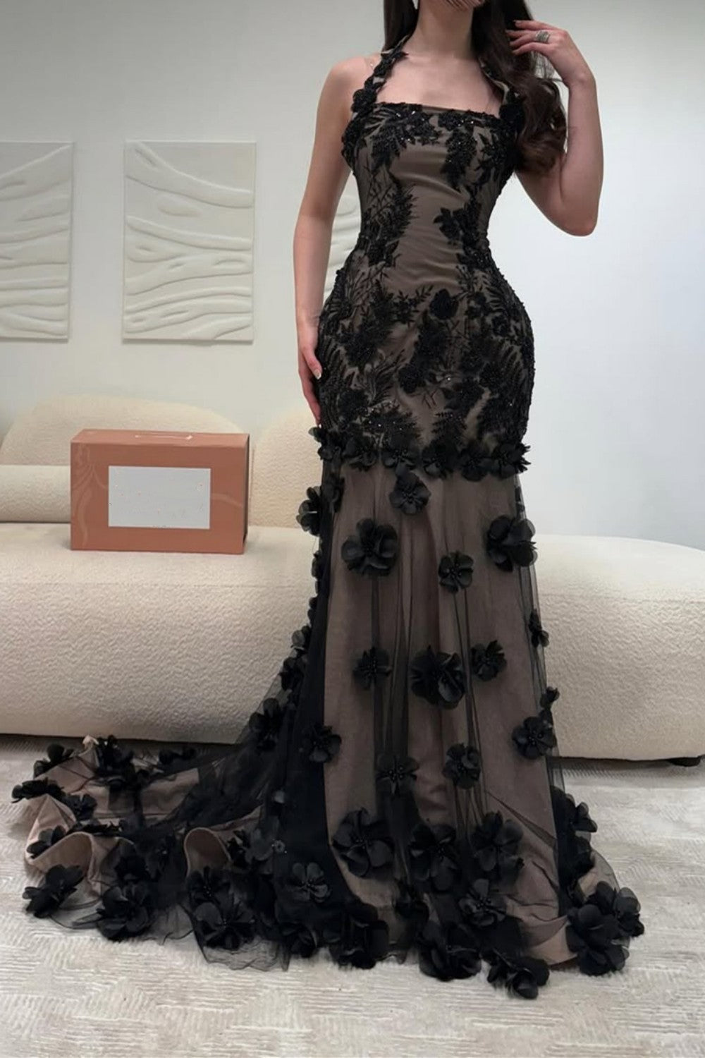 Elegant Black Illusion Floral Halter Mermaid Prom Dress With 3D Appliques Formal Evening Gown