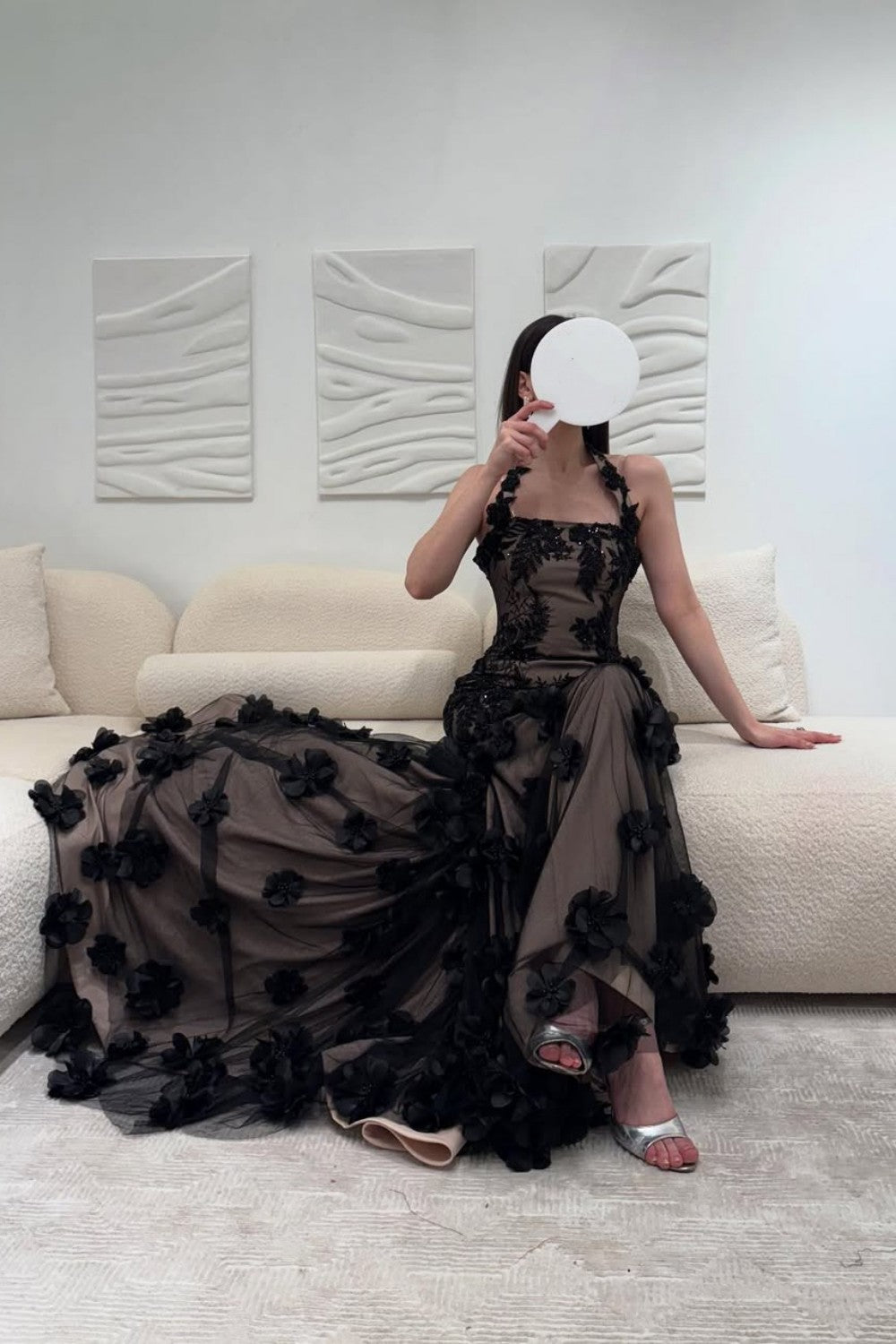 Elegant Black Illusion Floral Halter Mermaid Prom Dress With 3D Appliques Formal Evening Gown