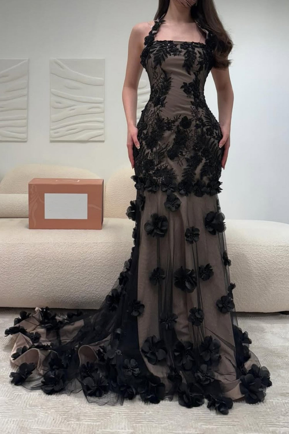 Elegant Black Illusion Floral Halter Mermaid Prom Dress With 3D Appliques Formal Evening Gown