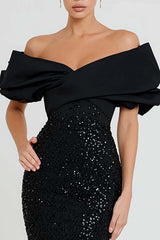Elegant Black Mermaid Off The Shoulder Long Sequin Prom Dress
