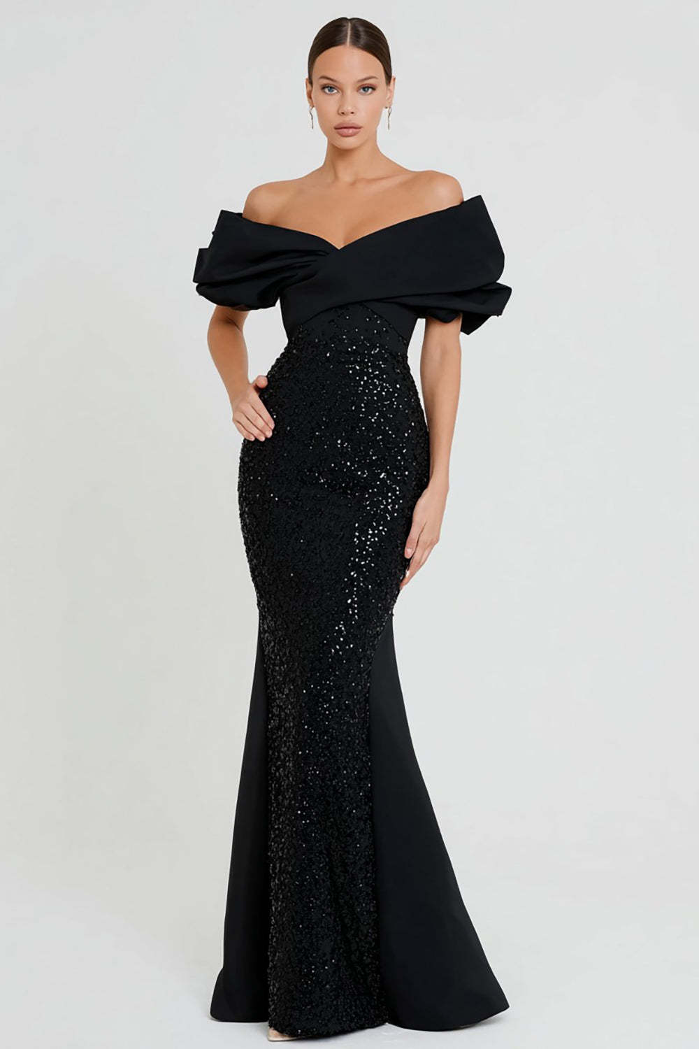 Elegant Black Mermaid Off The Shoulder Long Sequin Prom Dress