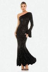 Elegant Black One Shoulder Mermaid Long Sequins Prom Dress With Sleeves