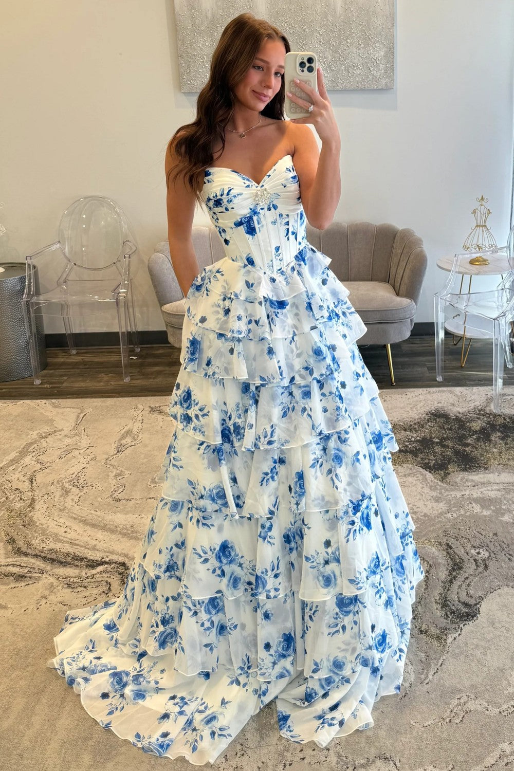 Blue Floral Sweetheart Tiered Prom Dress With Corset Bodice Formal Evening Gown