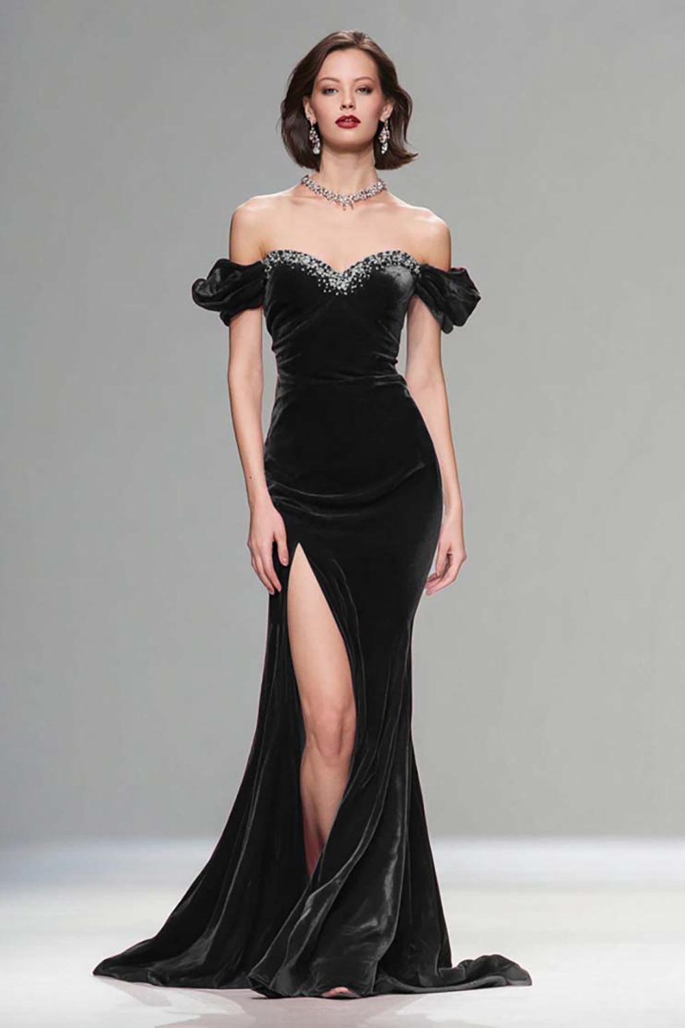 Elegant Burgundy Mermaid Long Velvet Holiday Party Dress With Beading