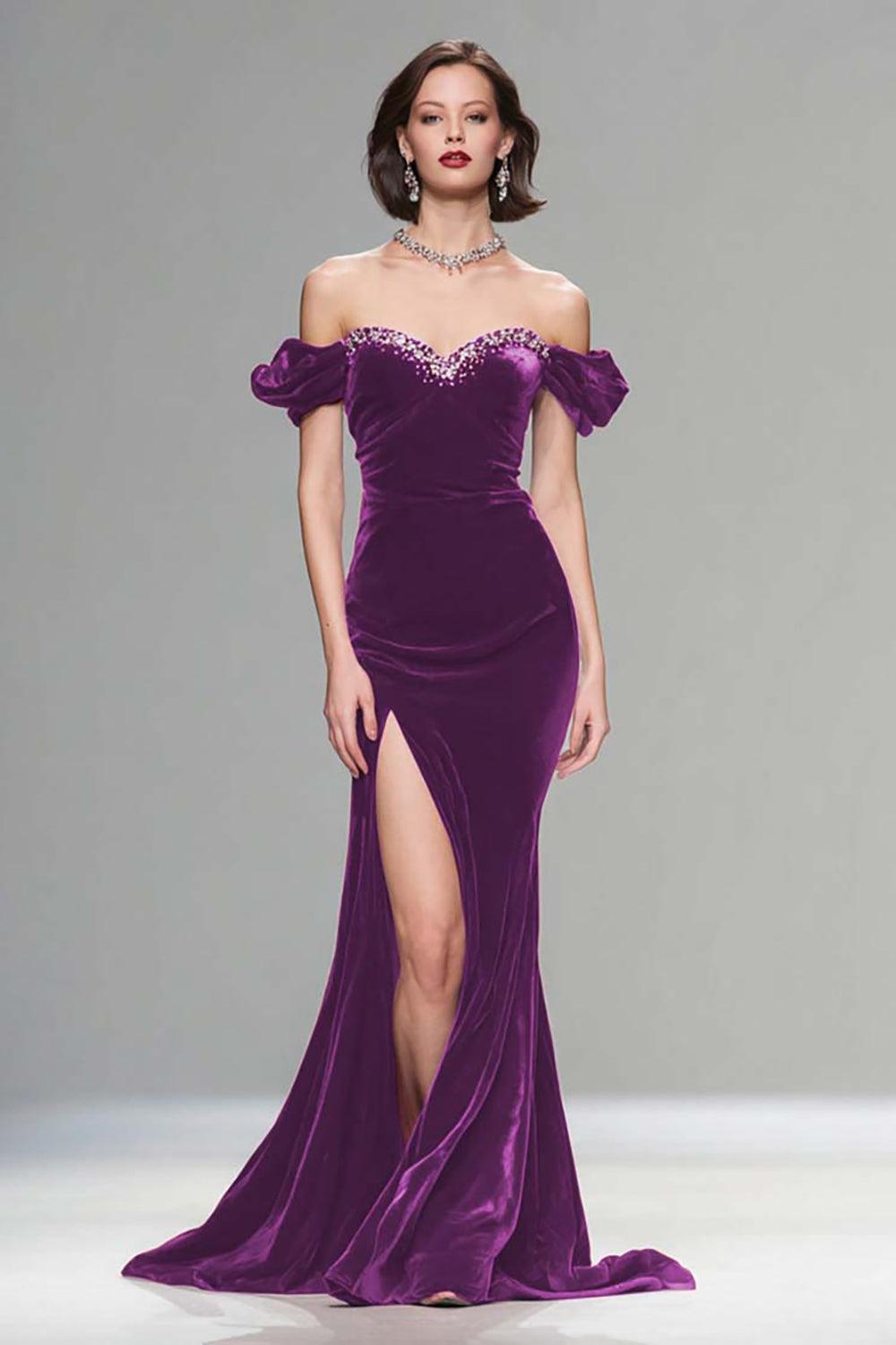 Elegant Burgundy Mermaid Long Velvet Holiday Party Dress With Beading