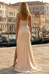 Elegant Champagne Satin Mermaid Beaded Long Corset Prom Dress With Slit