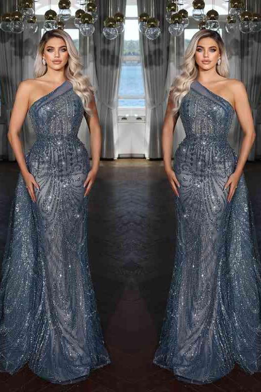 Elegant Dark Blue One Shoulder Mermaid Evening Dress with Sequin Applique