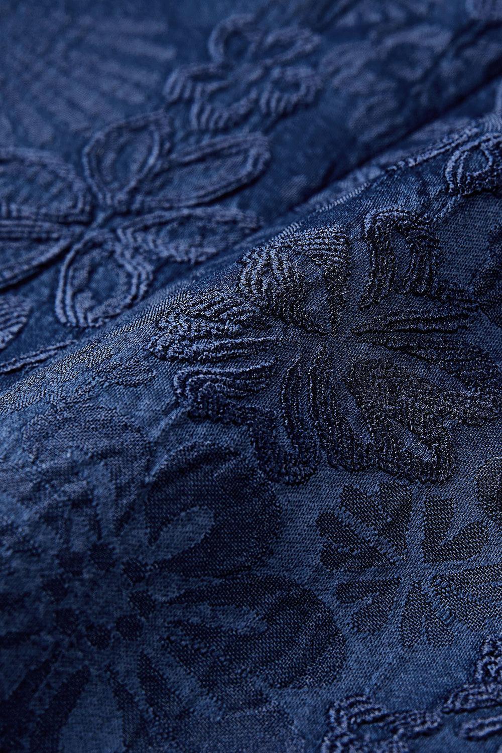 Elegant Dark Blue Peak Lapel Jacquard Men's Prom Suit