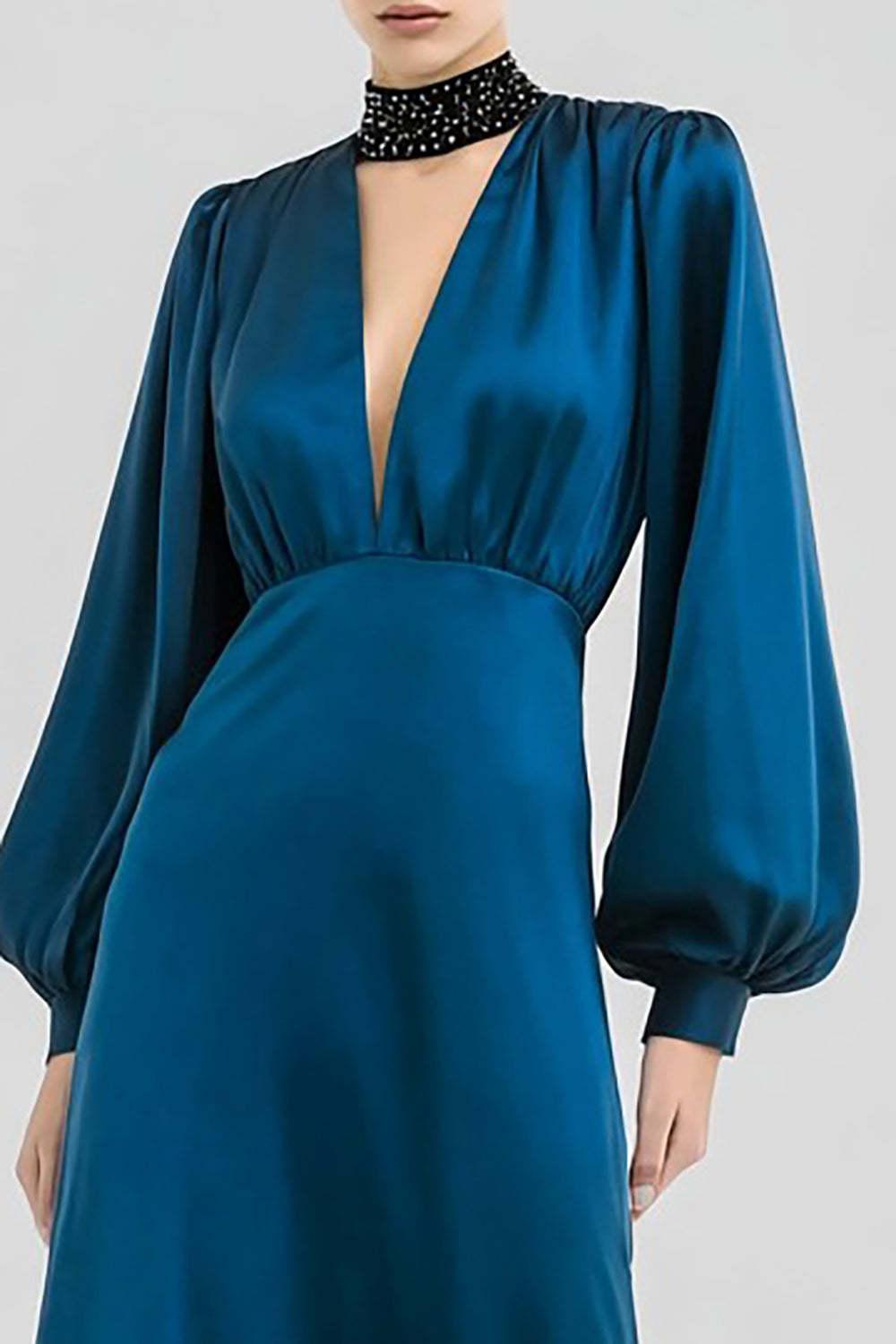 Elegant Dark Blue Satin Beaded Keyhole Long Prom Dress With Sleeves