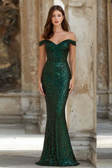 Elegant Dark Green Mermaid Off The Shoulder Long Sequin Prom Dress