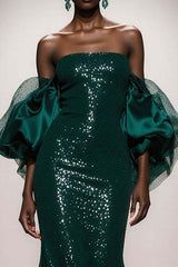 Elegant Dark Green Mermaid Strapless Sequin Long Prom Dress With Sleeves
