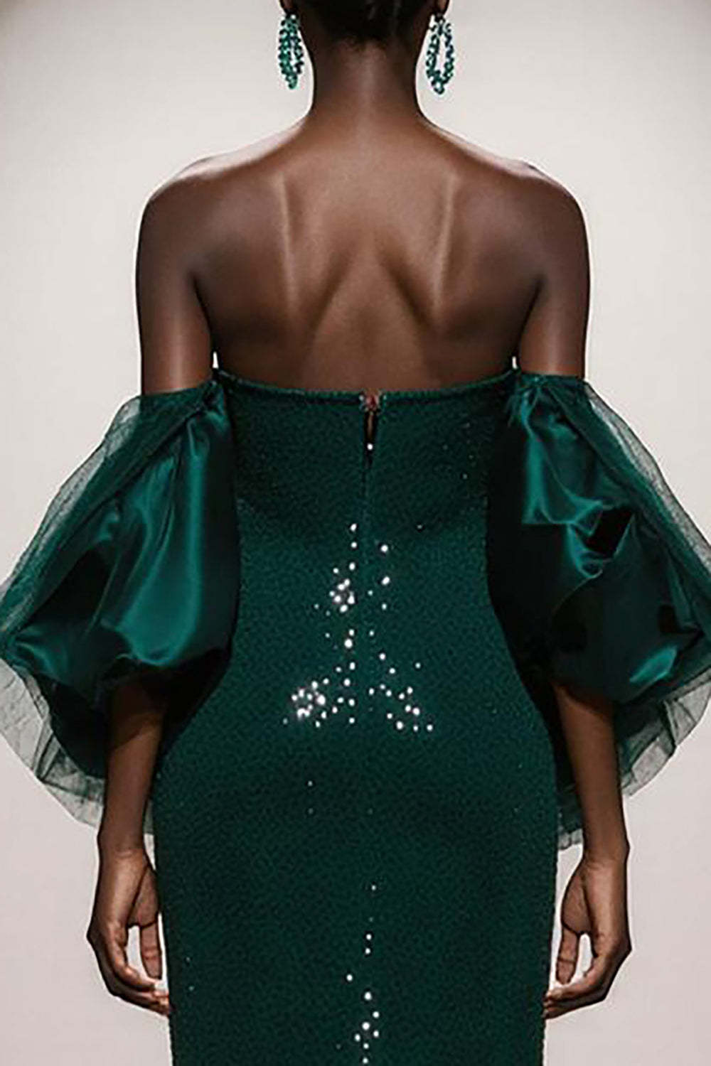 Elegant Dark Green Mermaid Strapless Sequin Long Prom Dress With Sleeves