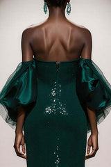 Elegant Dark Green Mermaid Strapless Sequin Long Prom Dress With Sleeves
