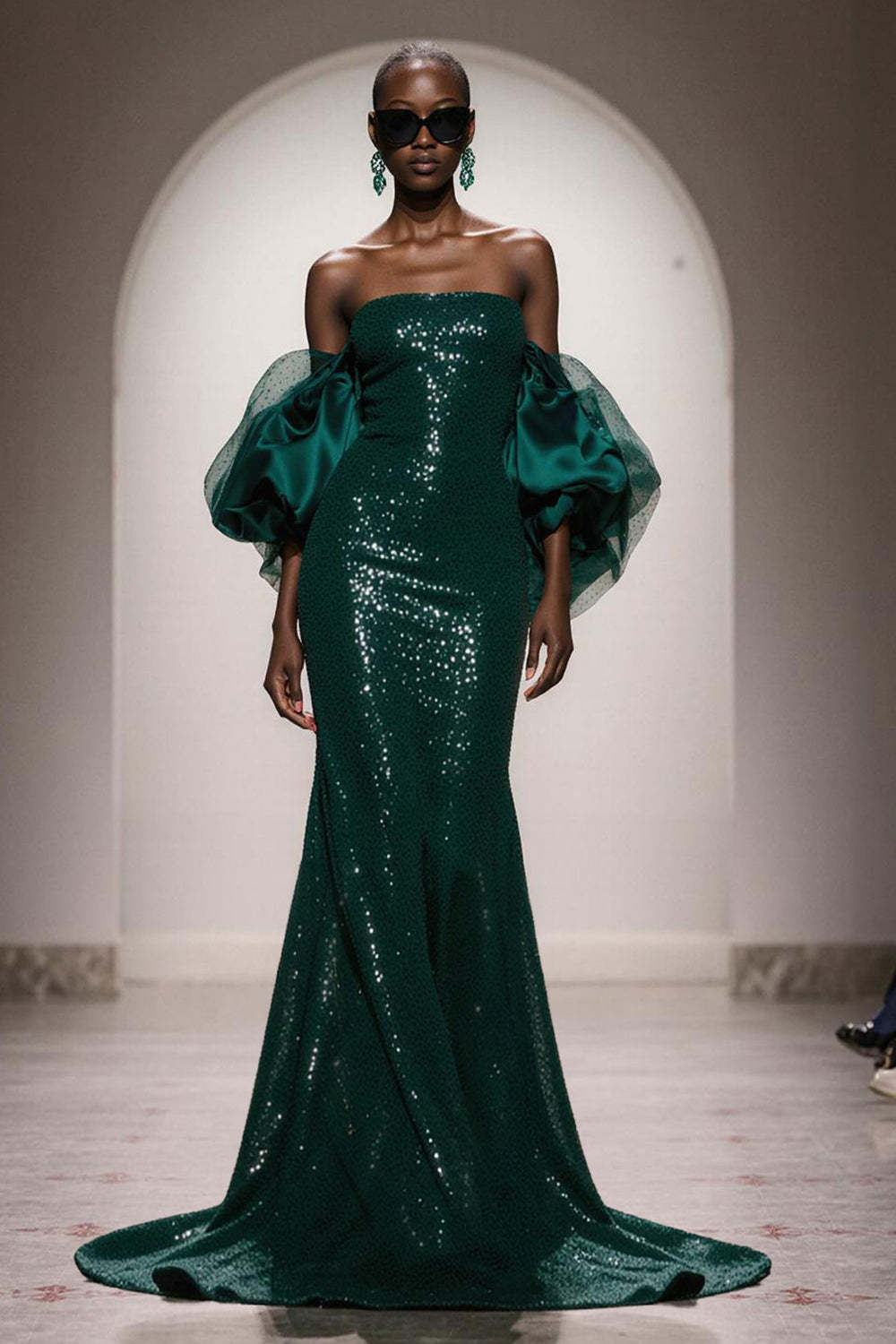 Elegant Dark Green Mermaid Strapless Sequin Long Prom Dress With Sleeves