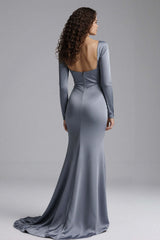 Elegant Dusty Blue Beaded Mermaid Long Satin Evening Dress With Slit