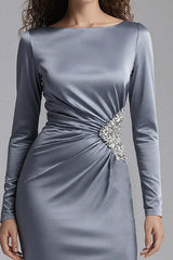 Elegant Dusty Blue Beaded Mermaid Long Satin Evening Dress With Slit