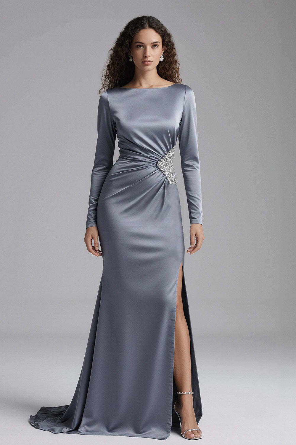 Elegant Dusty Blue Beaded Mermaid Long Satin Evening Dress With Slit