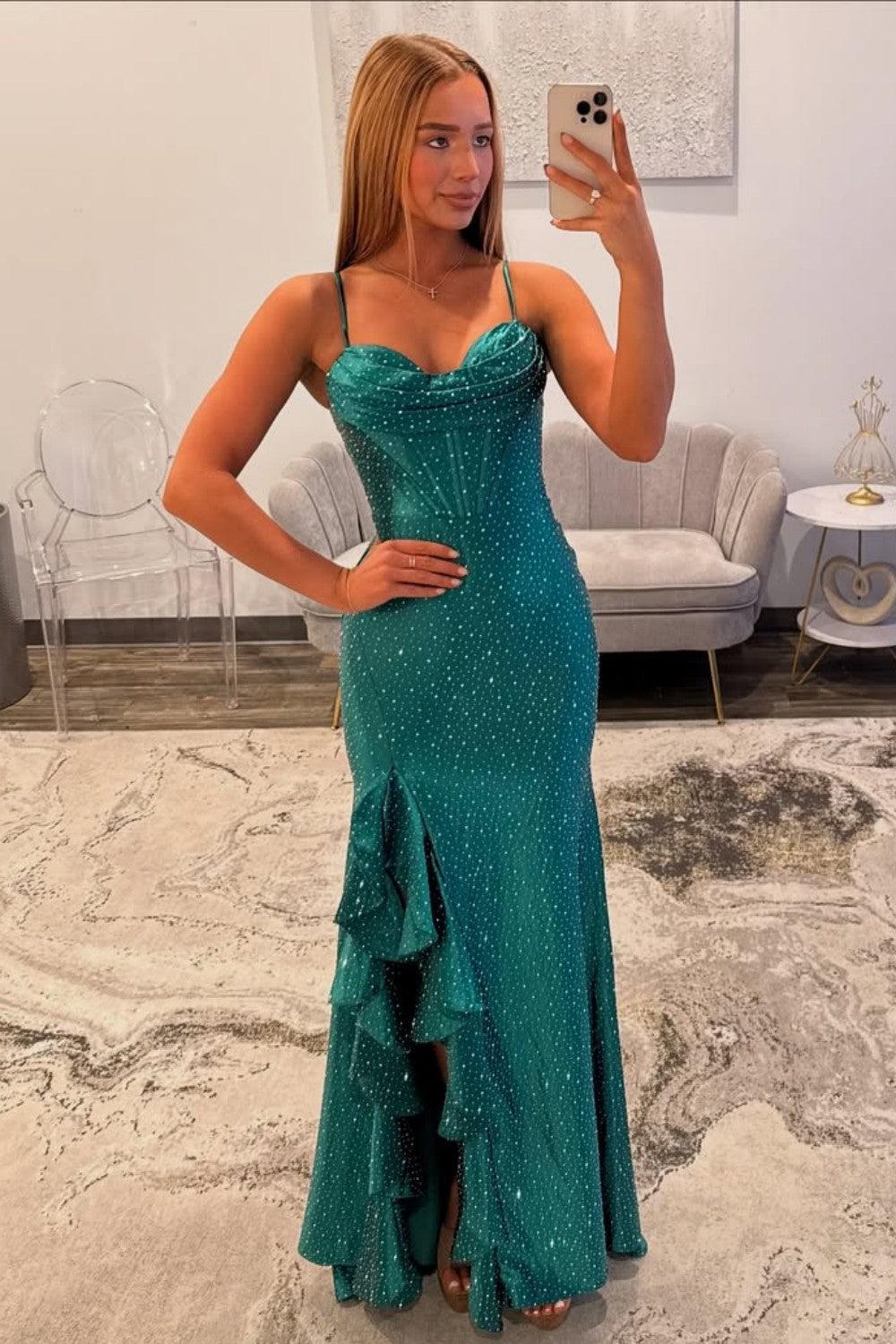 Elegant Emerald Green Spaghetti Straps Prom Dress With High Slit Formal Evening Gown