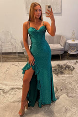 Elegant Emerald Green Spaghetti Straps Prom Dress With High Slit Formal Evening Gown