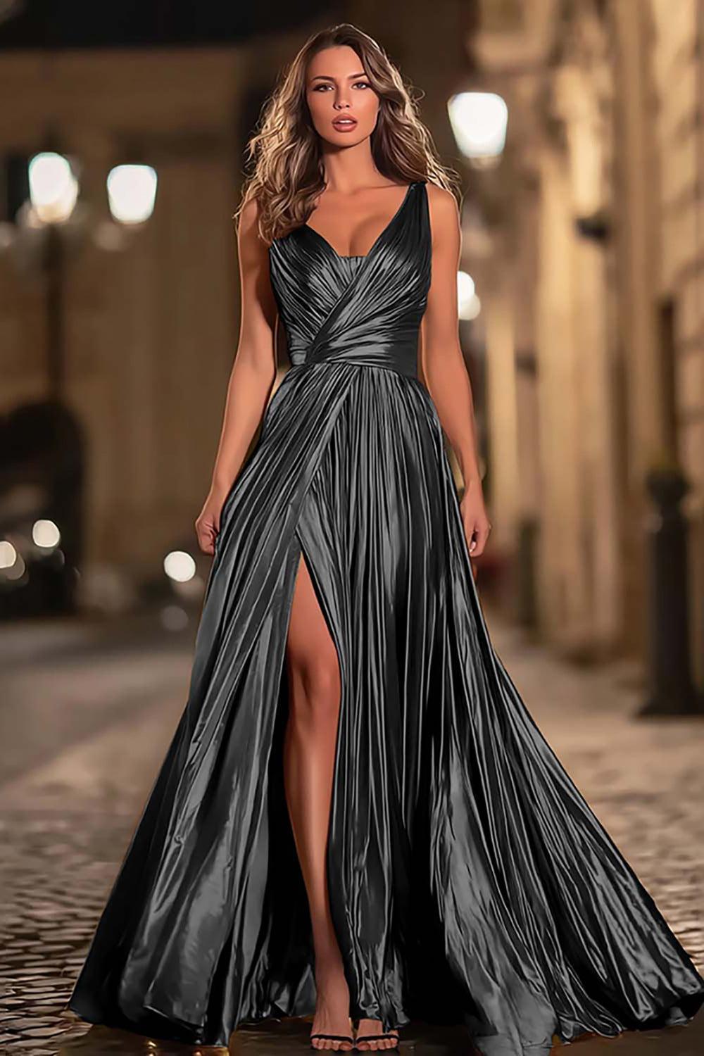 Elegant Gold Metallic Pleated V-Neck A-Line Long Prom Dress With Slit