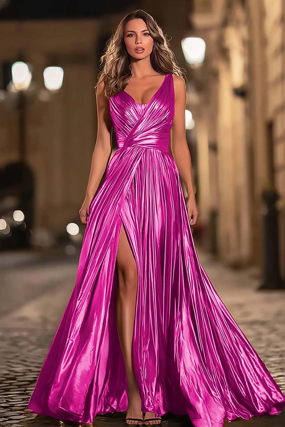 Elegant Gold Metallic Pleated V-Neck A-Line Long Prom Dress With Slit