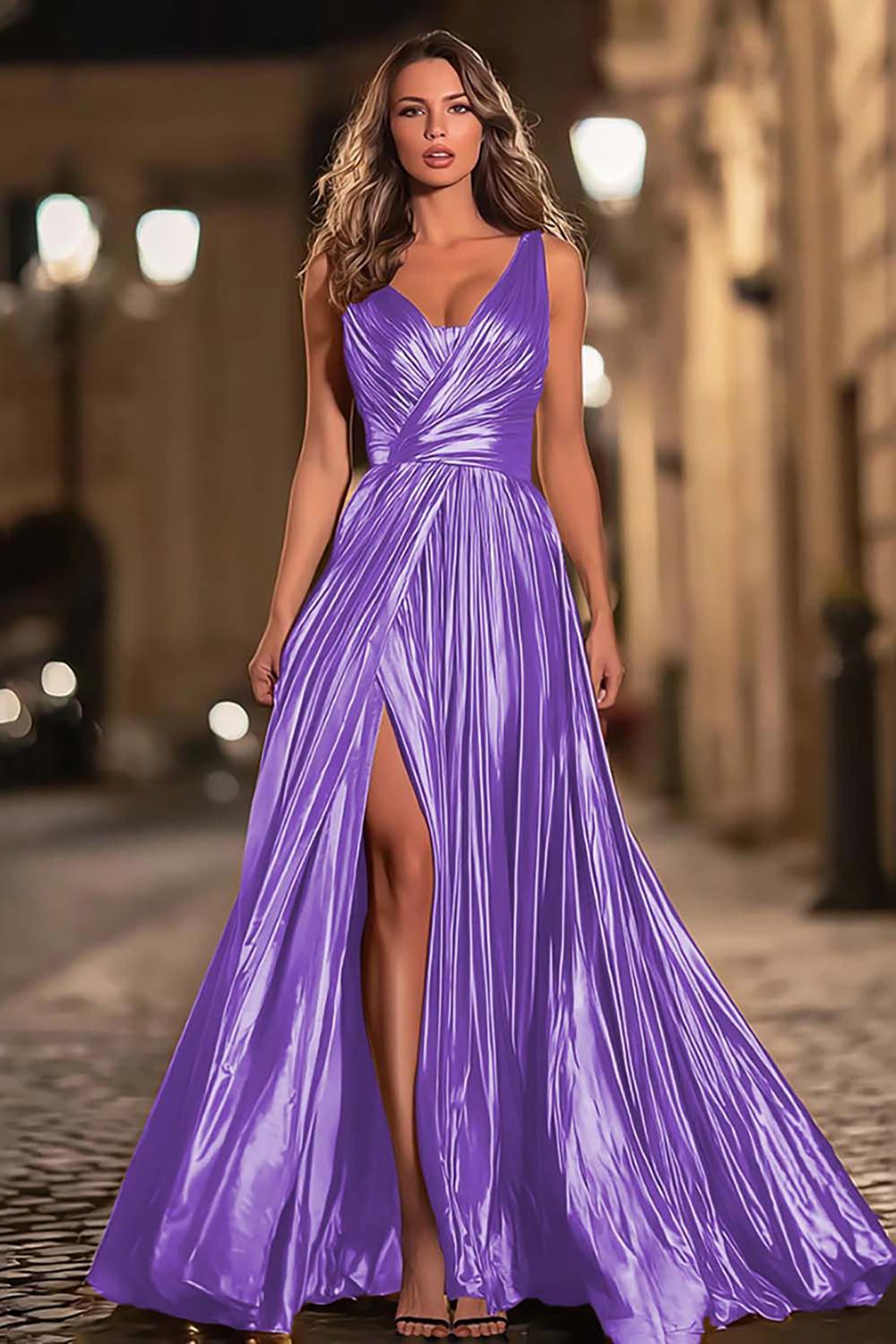 Elegant Gold Metallic Pleated V-Neck A-Line Long Prom Dress With Slit