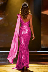 Elegant Gold Sequin One Shoulder Long Pageant Dress With Side Cape