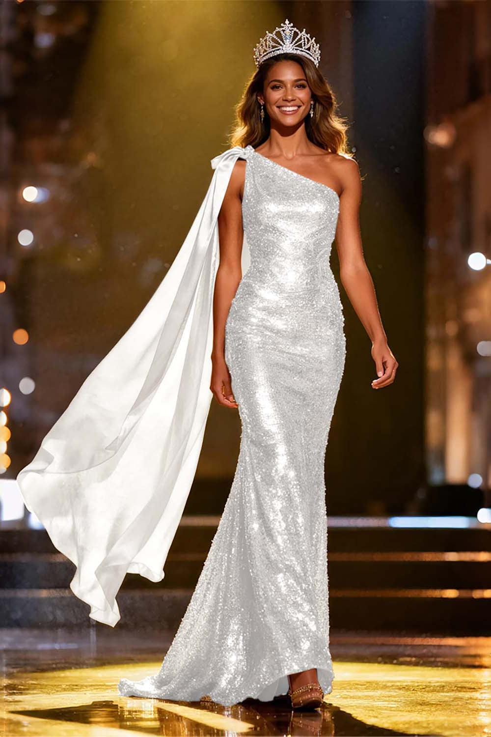 Elegant Gold Sequin One Shoulder Long Pageant Dress With Side Cape