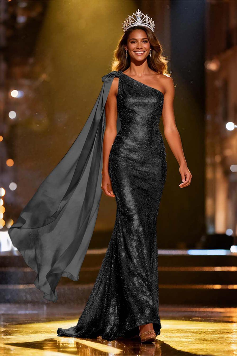 Elegant Gold Sequin One Shoulder Long Pageant Dress With Side Cape