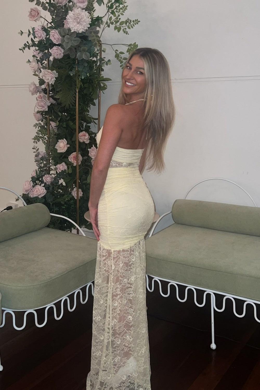 Halter Neck Prom Dress With Corset Top And Sheer Lace Long Skirt Formal Evening Gown