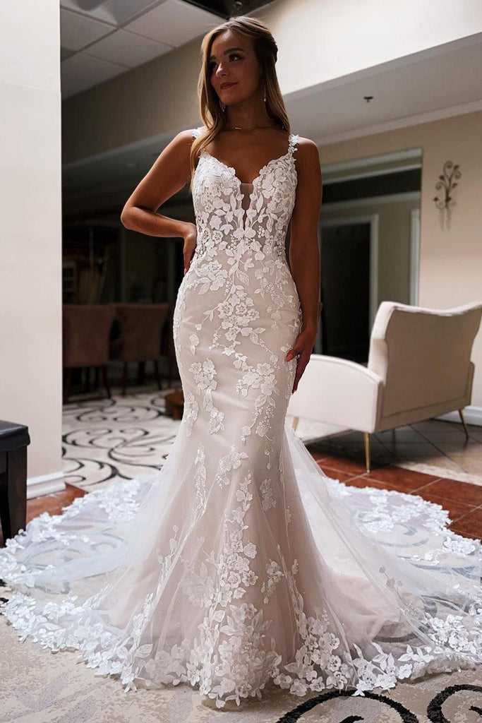 Dreamyannie Women Wedding Dress Elegant Ivory Backless Lace Mermaid Long Bridal  Dress  Dreamyannie UK