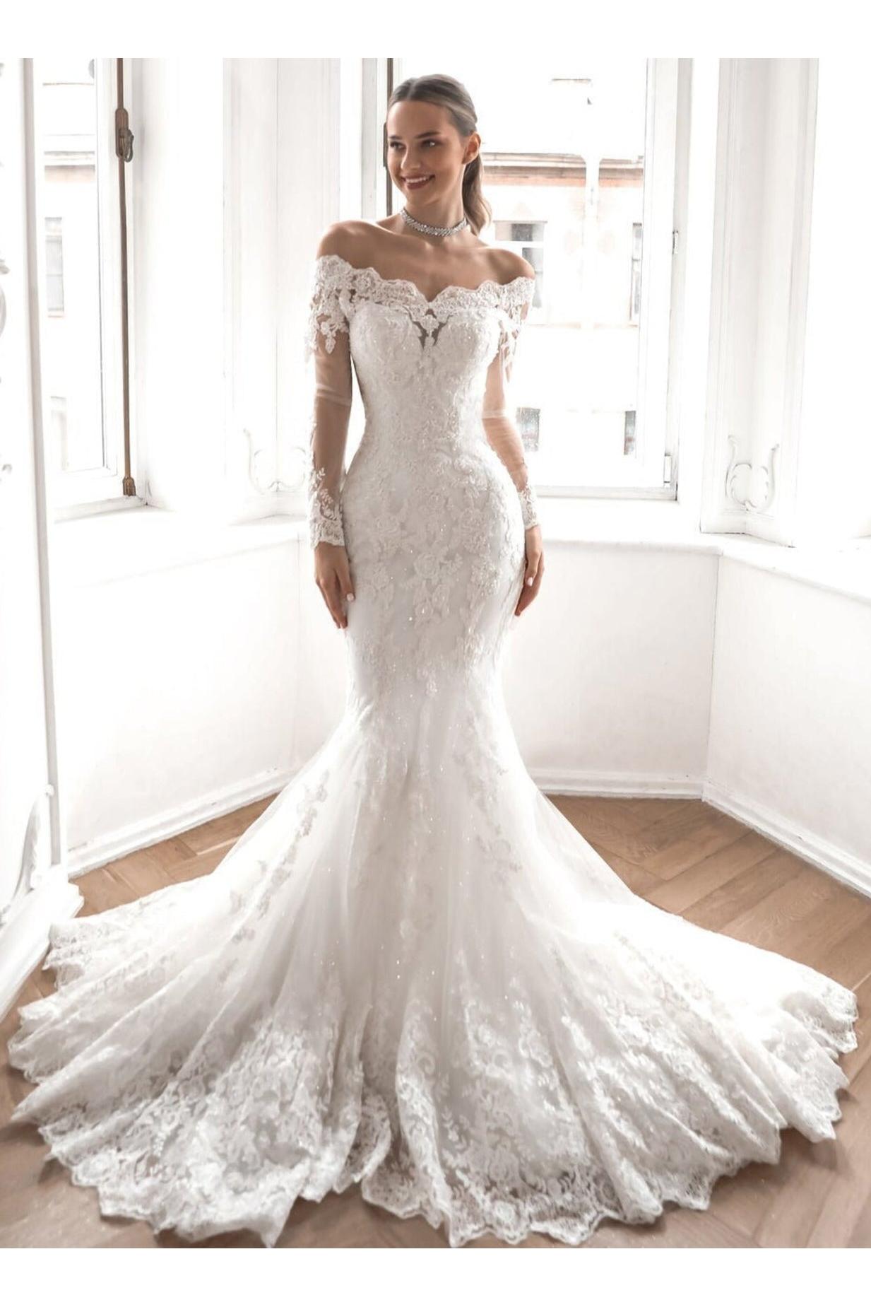 Elegant Lace Long Sleeve Off-Shoulder Bridal Gowns