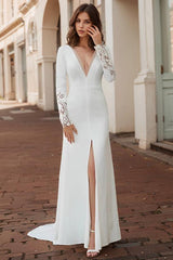 Elegant Lace Long Sleeves Beach Wedding Dress With Front Split