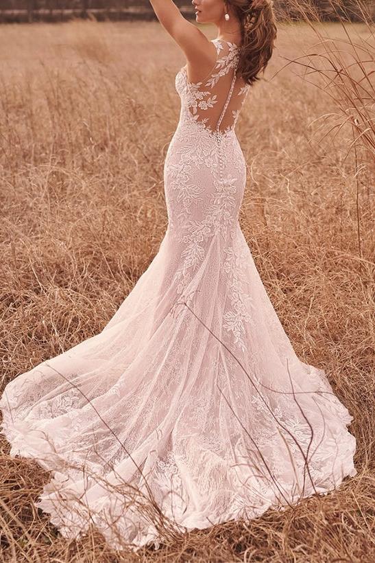 Elegant Lace/Tulle Beach Wedding Dresses with Trumpet/Mermaid Illusion Neck