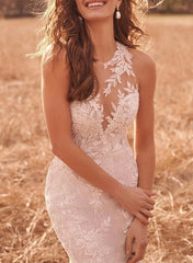 Elegant Lace/Tulle Beach Wedding Dresses with Trumpet/Mermaid Illusion Neck