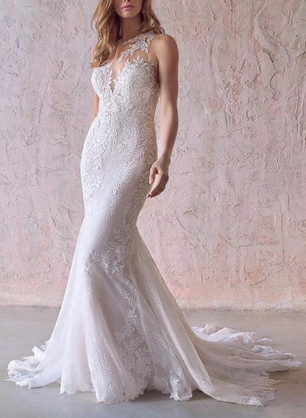 Elegant Lace/Tulle Beach Wedding Dresses with Trumpet/Mermaid Illusion Neck