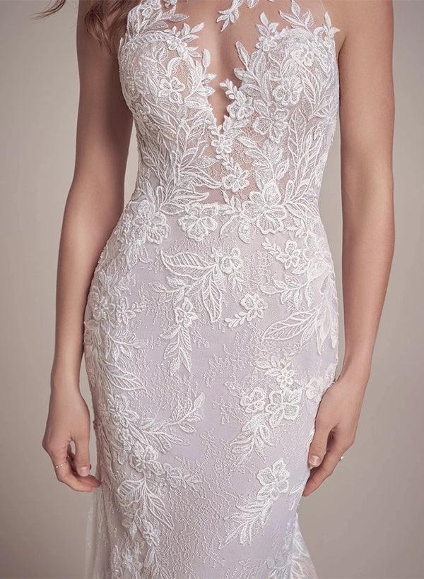 Elegant Lace/Tulle Beach Wedding Dresses with Trumpet/Mermaid Illusion Neck