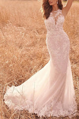Elegant Lace/Tulle Beach Wedding Dresses with Trumpet/Mermaid Illusion Neck
