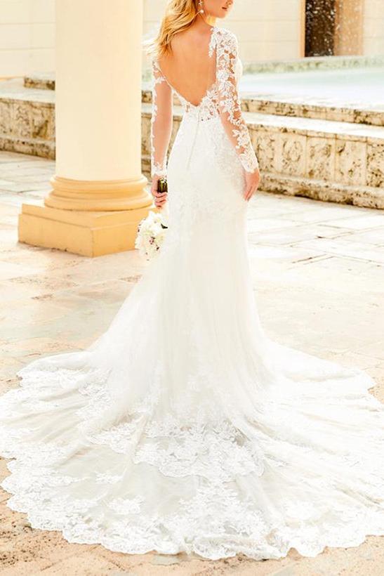 Elegant Lace/Tulle Wedding Dresses with Long Sleeves and V-Neck