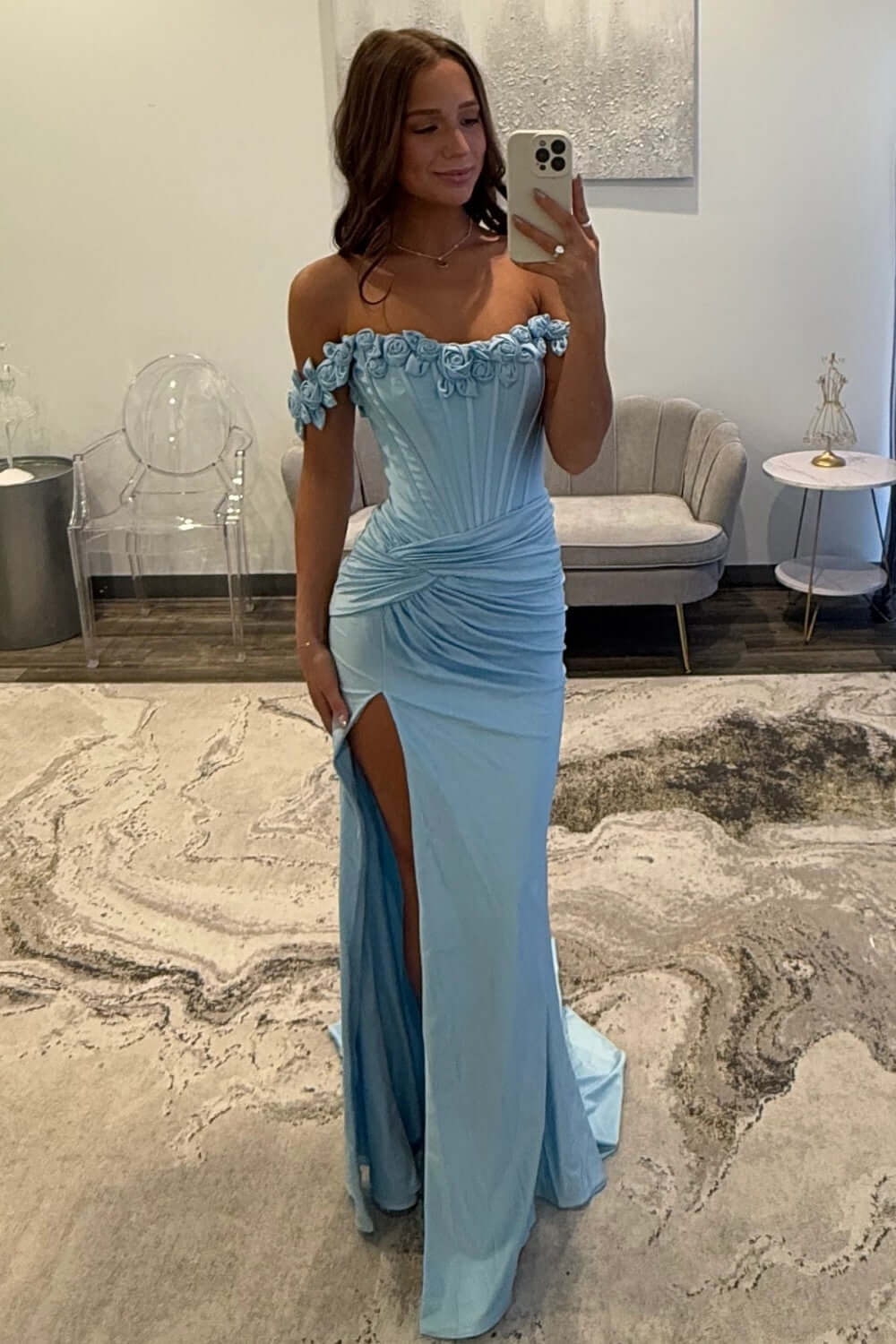 Dreamyannie Light Blue Prom Dress Off The Shoulder Corset Mermaid Long Formal Dress With Slit